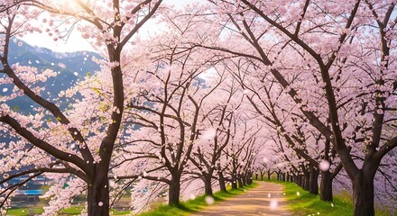 A pathway lined with blooming cherry blossom trees in full spring bloom