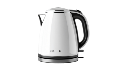 Modern white electric kettle with black handle on transparent background