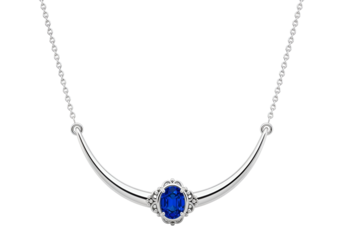 Elegant silver necklace with a deep blue gemstone, featuring a graceful arch design and intricate detailing.