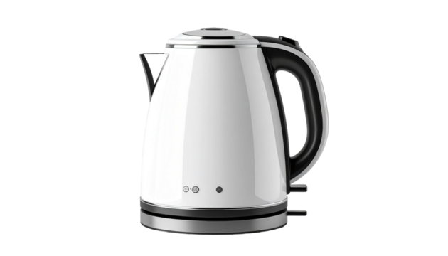 Modern white electric kettle with black handle on transparent background