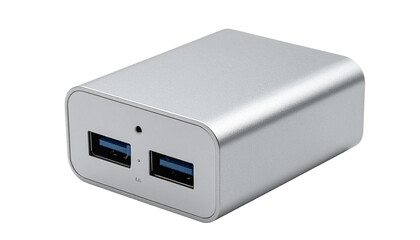 Modern silver usb hub with two ports on transparent background