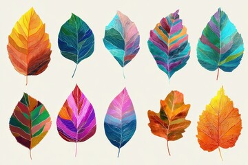 set of vector illustration colorful leaves isolated