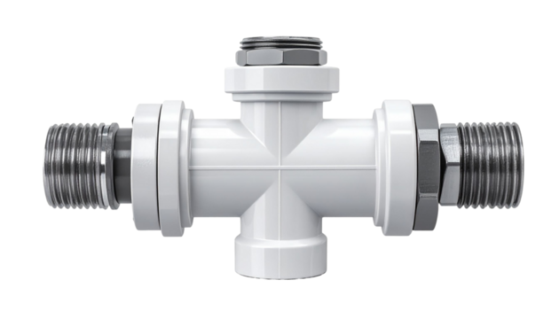 White pvc plastic pipe fitting with metal screw threads on transparent background