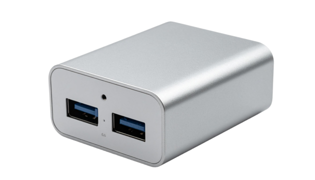 Modern silver usb hub with two ports on transparent background