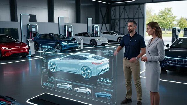 Futuristic EV Showroom Presentation - A male and female car dealer present a holographic display showcasing electric vehicle specifications and designs in a modern showroom.