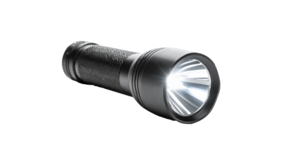Black flashlight emitting light on transparent background