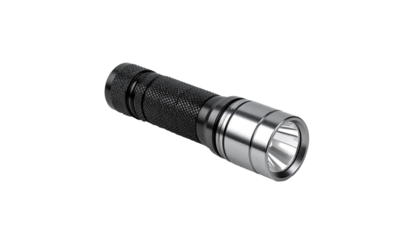 Modern metal flashlight illuminating transparent background
