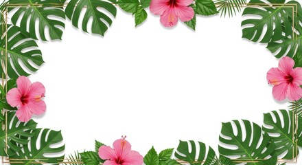 Vibrant Tropical Frame with Monstera Leaves and Pink Hibiscus Flowers on White.