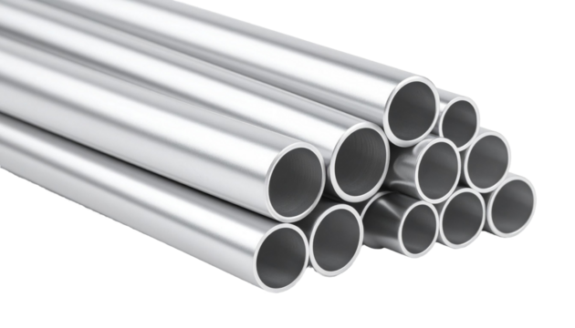Stack of metal pipes creating industrial concept on transparent background