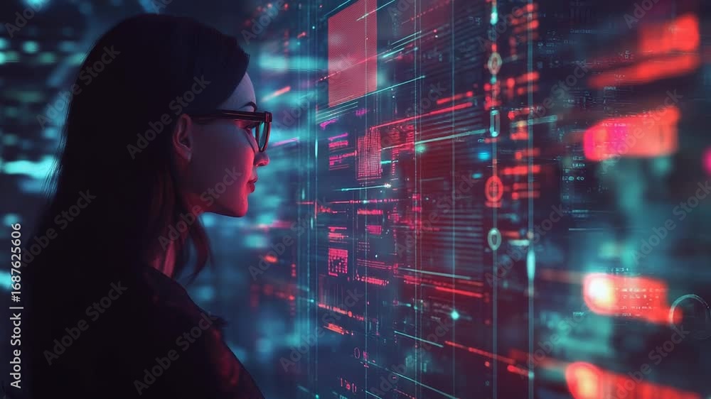 Aufkleber programmer analyzing futuristic glowing holographic interface in cyberspace