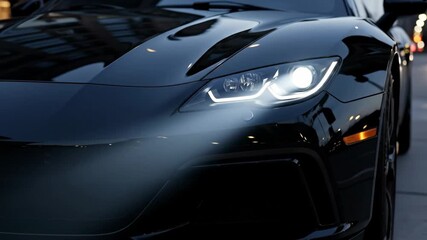 Black Luxury Car Headlights at Night - Close-up view of a sleek black car's headlights illuminated at night.
