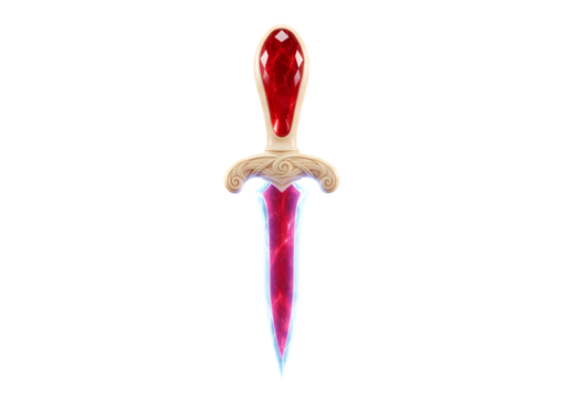 A detailed illustration of a magical dagger with a ruby-red gemstone hilt and blade, set against a stark black background.