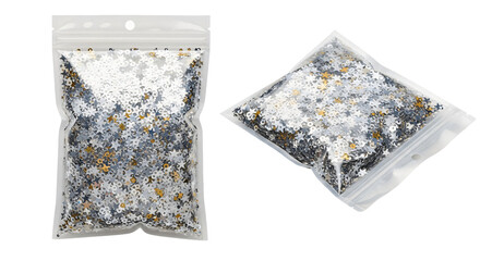 Shiny silver and gold star confetti in transparent plastic zip-lock bags.