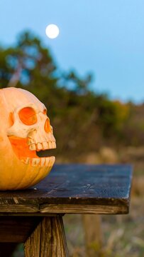 Halloween pumpkin skull on wooden table at twilight