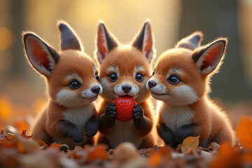 Obraz premium Three playful fox cubs sharing a red ball in autumn leaves 