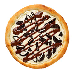 Decadent dessert pizza topped with cookies and chocolate drizzle