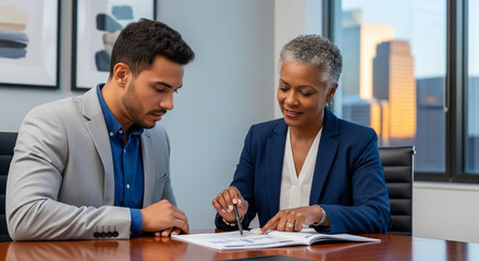 Senior Female Executive Mentoring Young Colleague in Boardroom