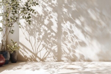shadow overlay effects of realistic natural tree leaves shadow on white wall background, Summer sunlight and shadow overlay effect, shade for photo interior backdrop studio mockup