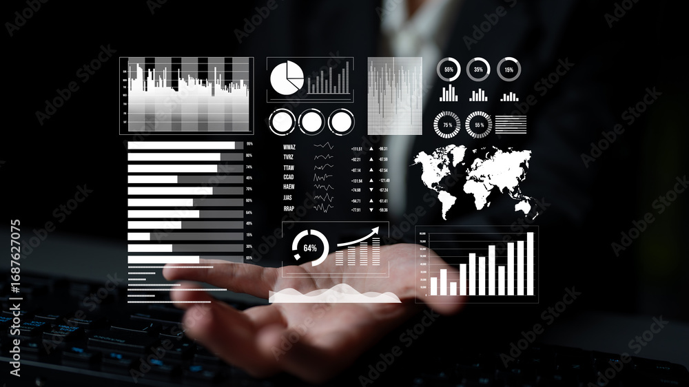 Poster a business professional presents data visualizations with graphs and charts, highlighting key analyt