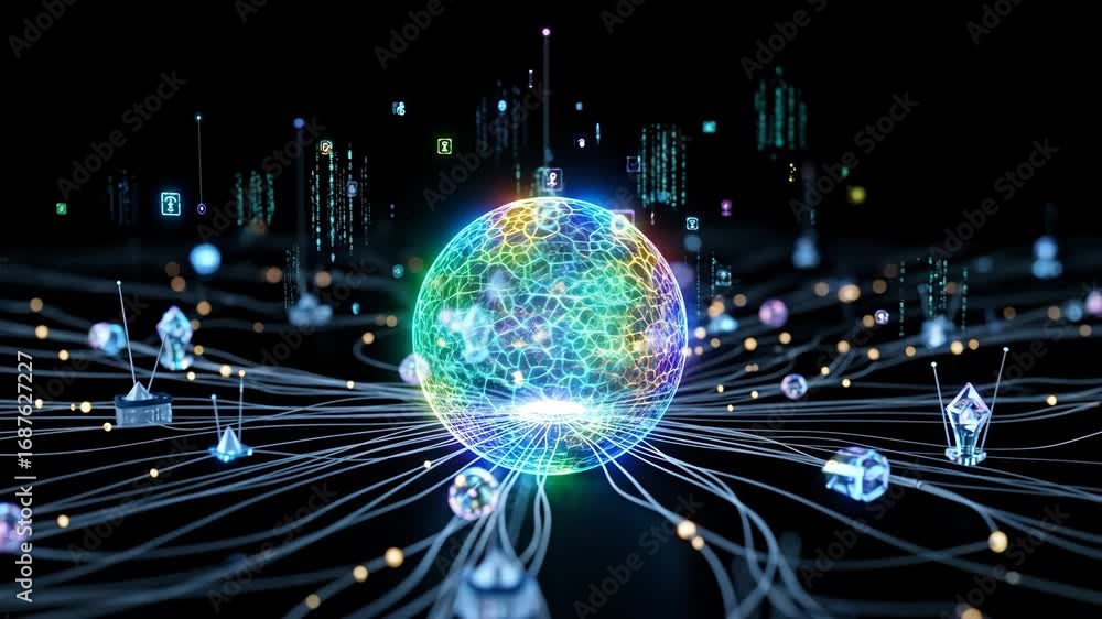 Poster quantum wireless communication network - a vibrant, glowing orb at the center of a complex network r