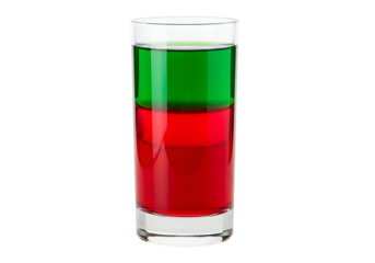 A clear glass holds layered liquids of vibrant green, red, and transparent layers.