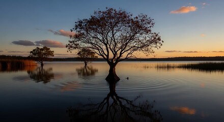 Sunset Lake Tree Reflection.