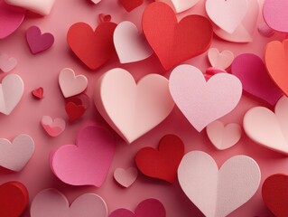 Colorful heart shapes scattered on a soft pink background create a festive atmosphere for love and celebration during romantic occasions