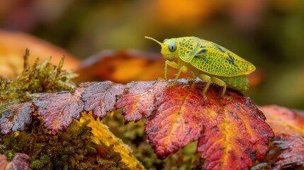 Tiny vibrant insect on autumn leaf