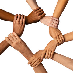 diverse hand of people holding each other forming a circle ring as unity concept in white transparent png background cutout