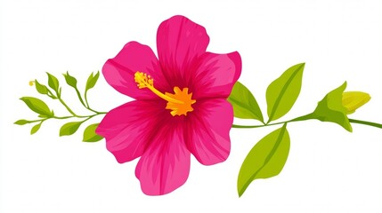 Vibrant Pink Hibiscus Flower with Green Leaves.