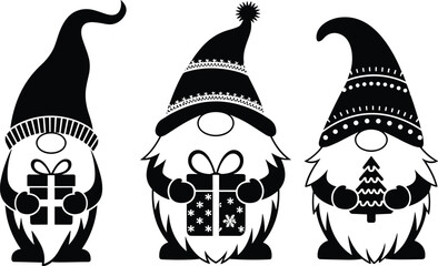 Christmas gnomes with gifts and Christmas tree, cute holiday decorations, winter festive characters, holiday spirit, winter celebration, seasonal joy, flat vector illustration