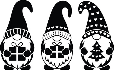 Cute Christmas gnome silhouette with gifts, holiday decoration, festive bearded characters, winter hats, Xmas tree, heart patterns, seasonal celebration, vector clipart, flat vector illustration