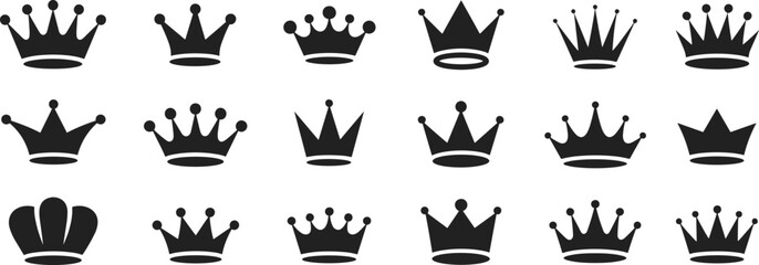Collection of various crown silhouettes, royal symbols, king and queen emblems, luxury design, royalty icons, vintage and modern style, flat vector illustration