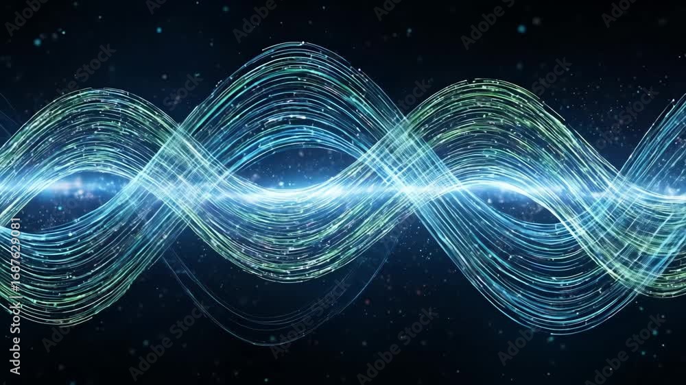 Poster intertwining quantum waves - abstract animation of luminous blue and green waves intertwining agains