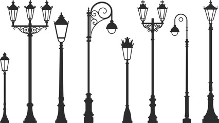 Flat vector illustration of vintage street lamps, antique lantern silhouettes, decorative outdoor lighting design elements for urban, park, or architectural projects.