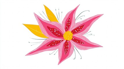 Obraz premium Vibrant Pink Flower Illustration with Yellow Center and Leaves.