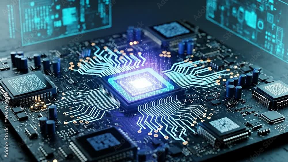 Poster cybernetic motherboard with cpu - close-up view of a futuristic cybernetic motherboard featuring a c