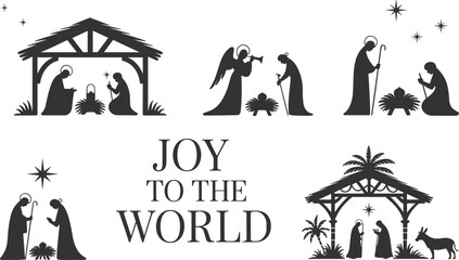 Nativity scene Christmas religious symbols, Holy family with baby Jesus, angel, shepherd, manger, Christmas joy, faith, winter celebration, Christmas season, flat vector illustration