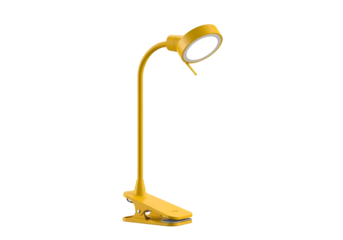 A vibrant yellow clamp lamp, perfectly positioned against a black backdrop, showcases its modern design and functionality.