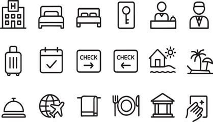 Thin Line Hotel Icons for Travel Accommodation