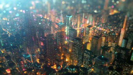 Futuristic skyline at night showing modern architecture and glowing lights - Powered by Adobe