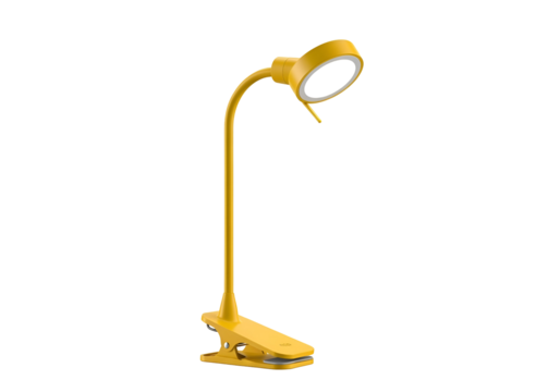 A vibrant yellow clamp lamp, perfectly positioned against a black backdrop, showcases its modern design and functionality.