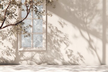 shadow overlay effects of realistic window and tree branch shadow with light blur on transparent background, Summer sunlight and shadow overlay effect