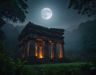 Fototapeta premium Mysterious Ancient Temple in a Moonlit Jungle - Cinematic Fantasy Scene