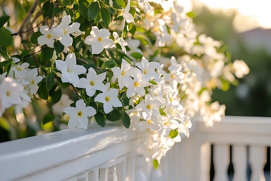 Jasmine flower vine cascading over a white wooden balcony railing, delicate white blossoms in early morning light 