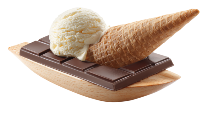 Ice Cream Cone and Chocolate Bar on Wooden Plate a Delightful Dessert Combination for a Sweet Tooth Craving
