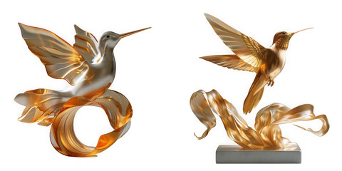 Two ornate golden hummingbird sculptures with flowing ribbons, isolated on transparent background
