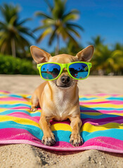 Fototapeta premium Chihuahua dog relaxing on beach towel wearing sunglasses. A fun summer image capturing relaxation and style. Vacation vibes, pet lifestyle, adorable animal.
