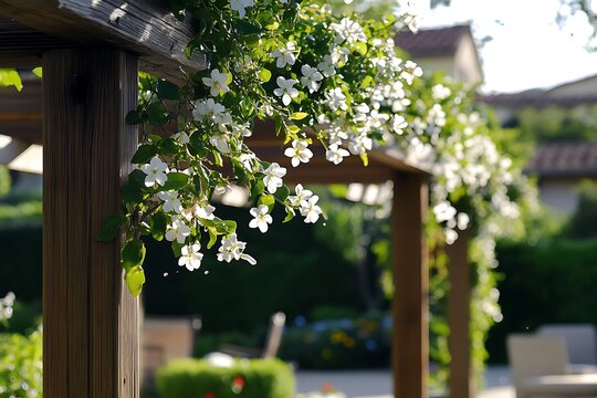 Jasmine flower vines trained along a pergola beam above an outdoor seating area, flowers catching morning dew 