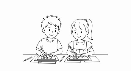 Children drawing together with smiles in black and white. Children drawing art projects, each expressing creativity using pencils on paper, fostering a sense of collaborative fun.